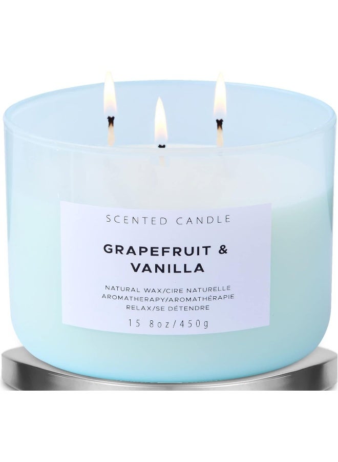 T&H Grapefruit Vanilla Stress Relief Aromatherapy Candle with Berries, Bergamot & Rose - Summer Candles - Highly Scented Candles for Men & Women 15.8 oz - Large 3-Wick Candle, Natural Soy Candles for Home - Image 1